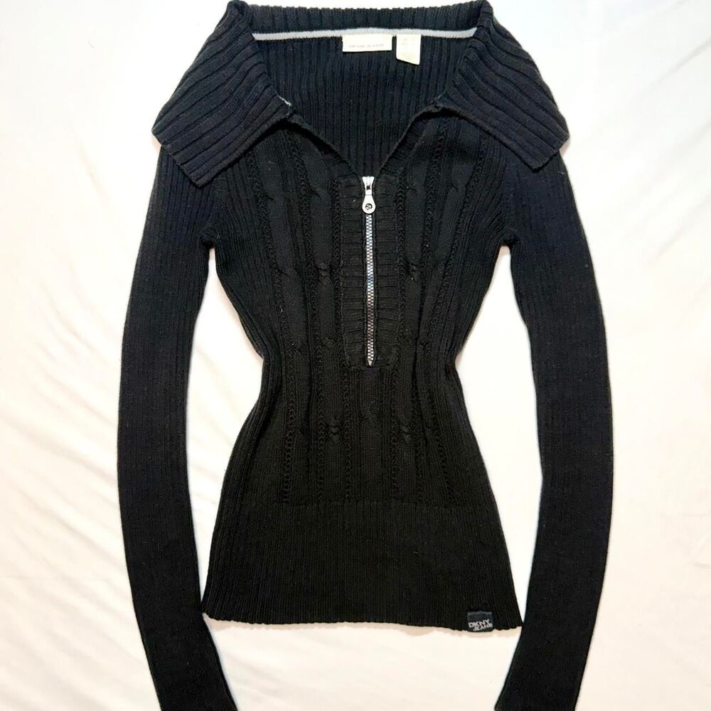 Vintage DKNY Jeans Black Ribbed Quarter-Zip Cable Knit Top w Foldover Collar